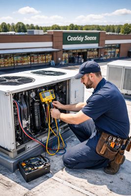 Boyer technician on rooftop HVAC unit